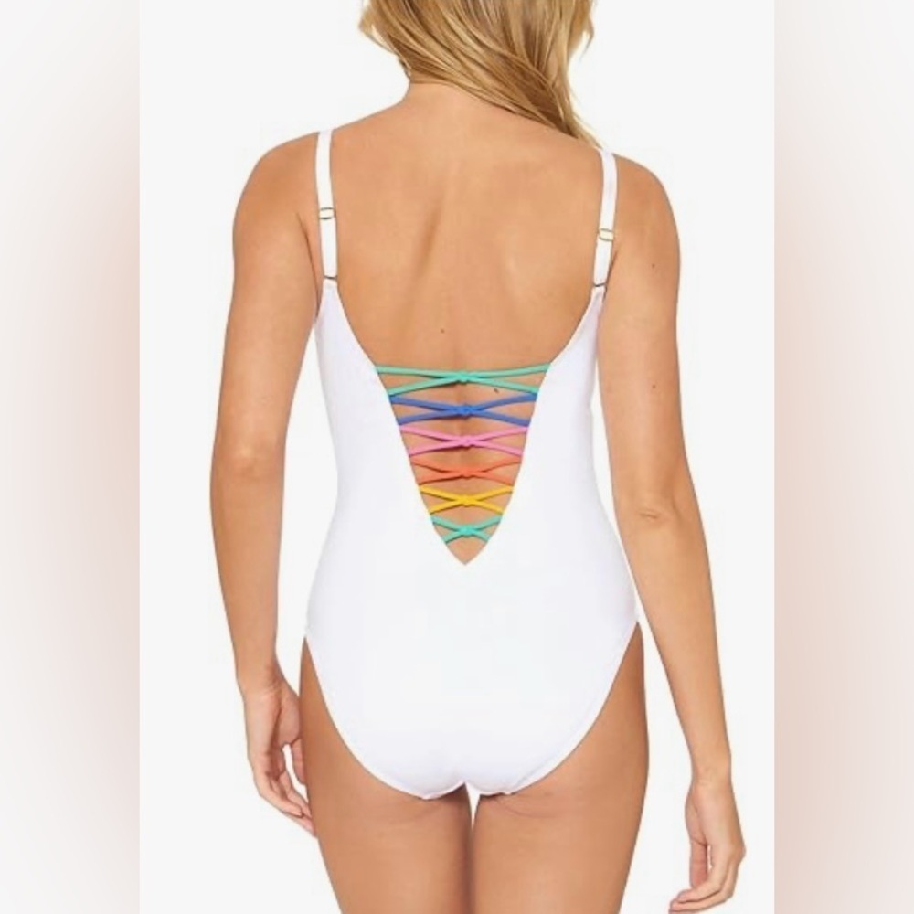 Bleu Rod Beattie White Swimsuit with Rainbow Lace Down One Piece Size 8 - Picture 3 of 8
